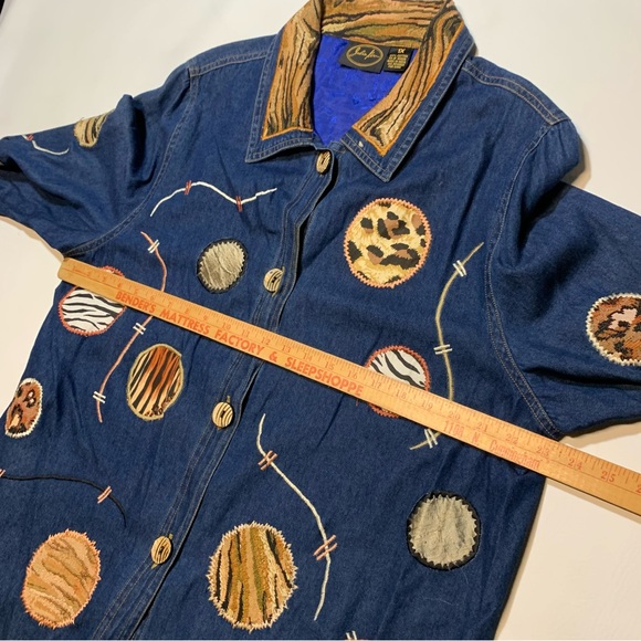 Julia Kim 1X XL animal print denim patchwork circles button up jacket 95809 raw - Picture 6 of 11